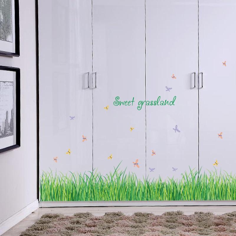 Green Grass Butterfly Foot Line Baseboard Corner Cover Wall Decal Stickers Home Decor