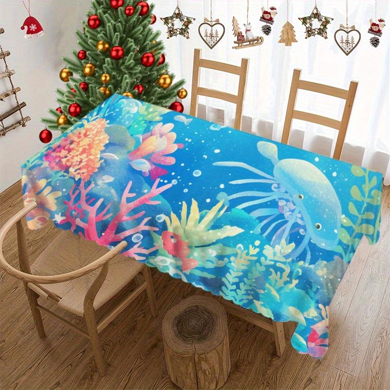 1pc Vibrant Ocean Coral Pattern Tablecloth, Durable Polyester, Underwater Theme with Colorful Coral, Starfish And Shells, Perfect for Picnics, Camping