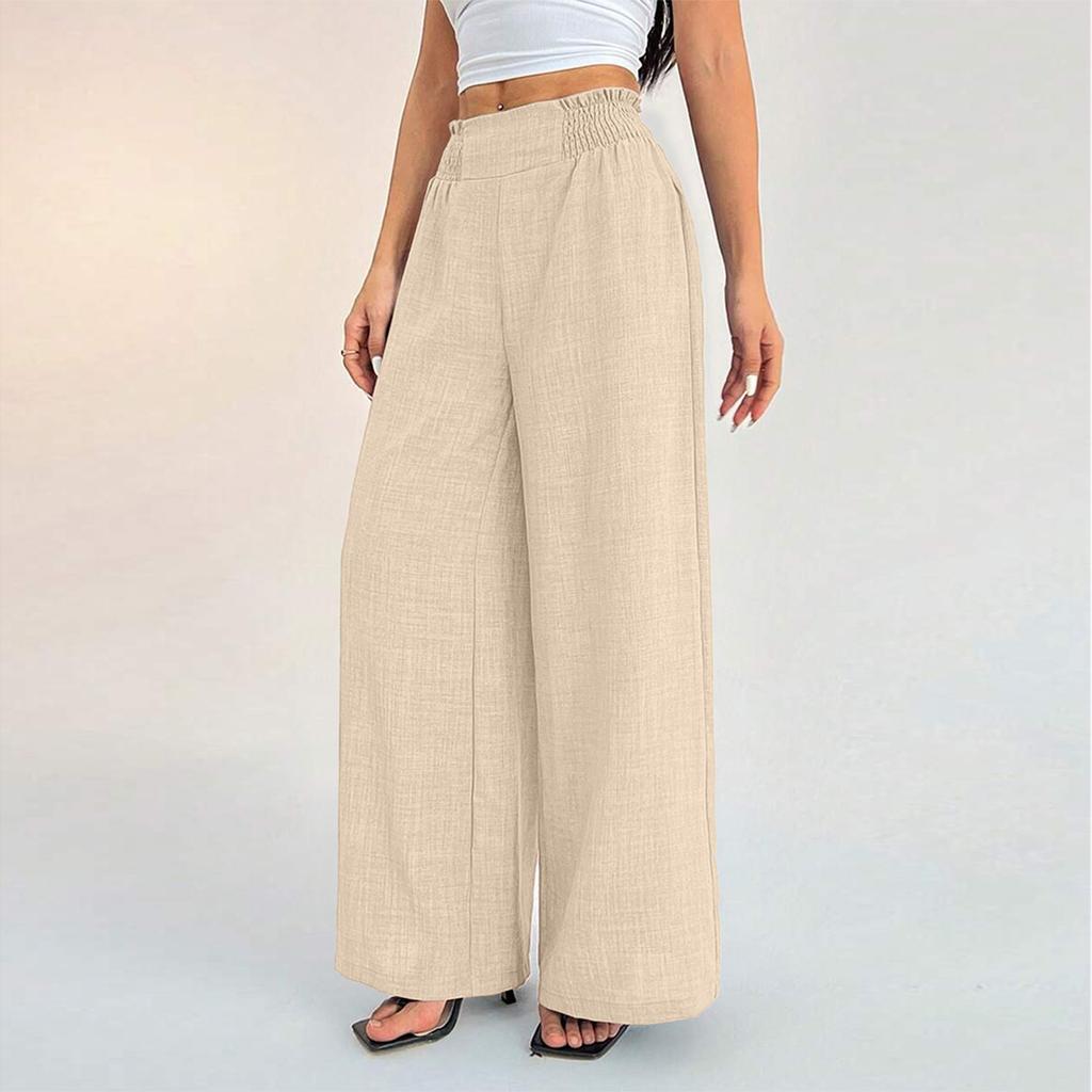 High Waist Wide Leg Pants for Women Elastic Waistband Loose Fit Lightweight Linen Trousers Casual Style