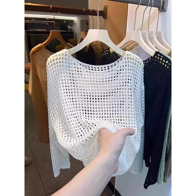 

Сетчатый винтажный женский свитер с длинным рукавом в стиле Харадзюку, корейский трикотаж на весну и лето, мягкие тонкие топы, шикарный однотонный женский свитер One Size белый