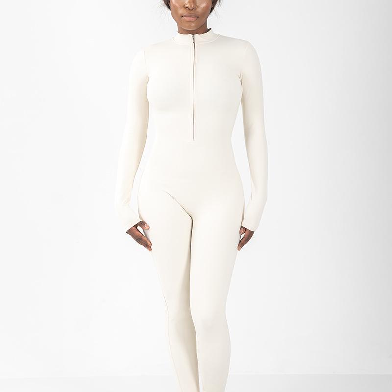 

European and American Trendy Women s Zipper Long Sleeve Jumpsuit - Slim Fit, Hip Lifting Yoga and Fitness Sportswear Medium абрикосовий