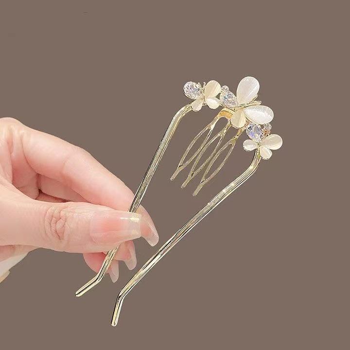 Agrafă de păr elegantă în formă de U cu magnolie: Coc high-end în stil chinezesc, accesoriu de păr pentru qipao.