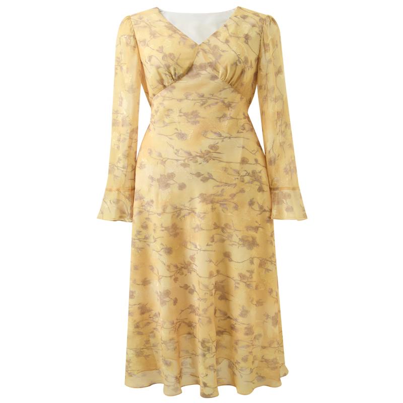 Women s French Style Floral V-Neck A-Line Long Dress S