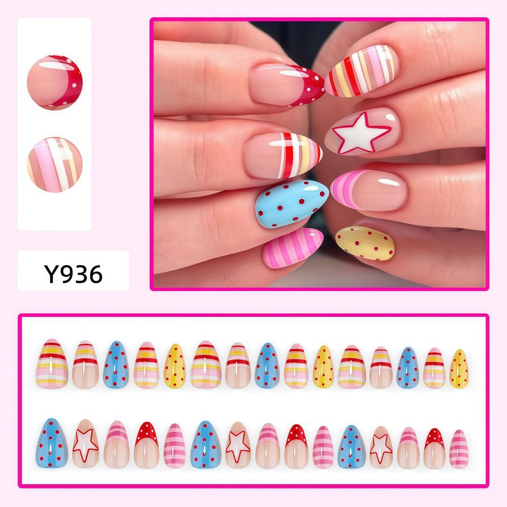 Macaron Color Block & Polka Dot Star French Tip Nails - Short Almond Shape