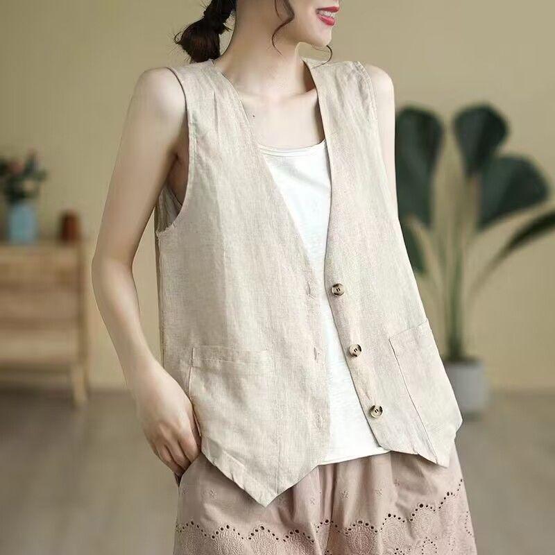 2026 Retro Thin Cotton Linen Sleeveless Vest - Casual Summer Outerwear Top M (45-55 kg) льняной