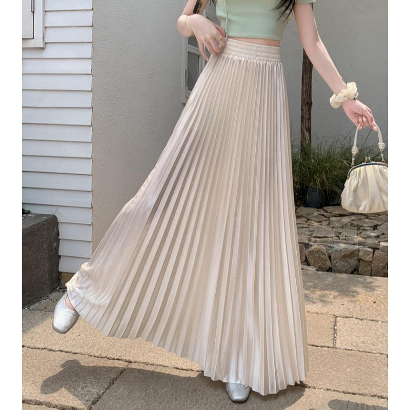 Léto Podzim Dámská Elegantní Jednobarevná Elastická Dlouhá Maxi Plisovaná Sukně Pro Dámu