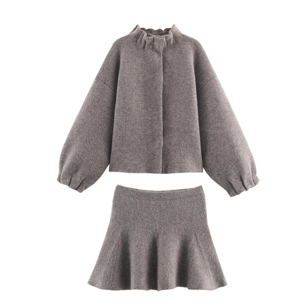 Autumn European & American Style Knit Jacket with Mini Skirt Set