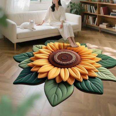 Tapete de Chão Tamanho Grande Base Antiderrapante Tapete Felpudo Design de Girassol 3D Capacho Decoração de Sala de Estar Banheiro Cozinha