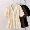 Summer Slim Fit Shirt Women's Bubble Sleeve Loose Waist Short Sleeve V-Neck Top Elegant Fashion Large Size Casual Noble