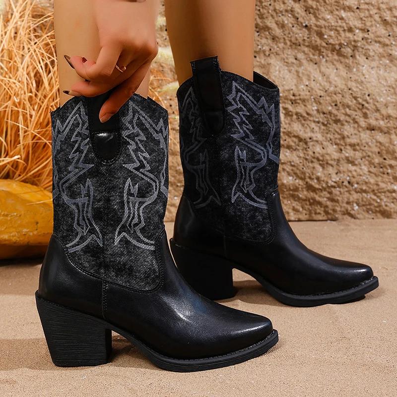 Retro Embroidered Women's Cowboy Boots chunky high heels pointed toe winter boots woman brown PU leather western botas de mujer