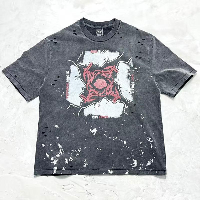 Unisex Distressed Washed Cotton Tee Streetwear Oversized Short Sleeve T-Shirt Men Women