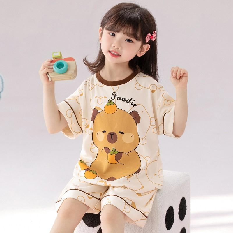 Cotton Short Sleeve Pajama Set Girls Cartoon Print Loose Sleepwear Home Outfit 2025