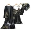 Women'S Long Bathrobe Set Silk Spring Autumn Floral Print Ladies Dressing Gown 4 Pieces Set Nightdress Summer Satin Pajama