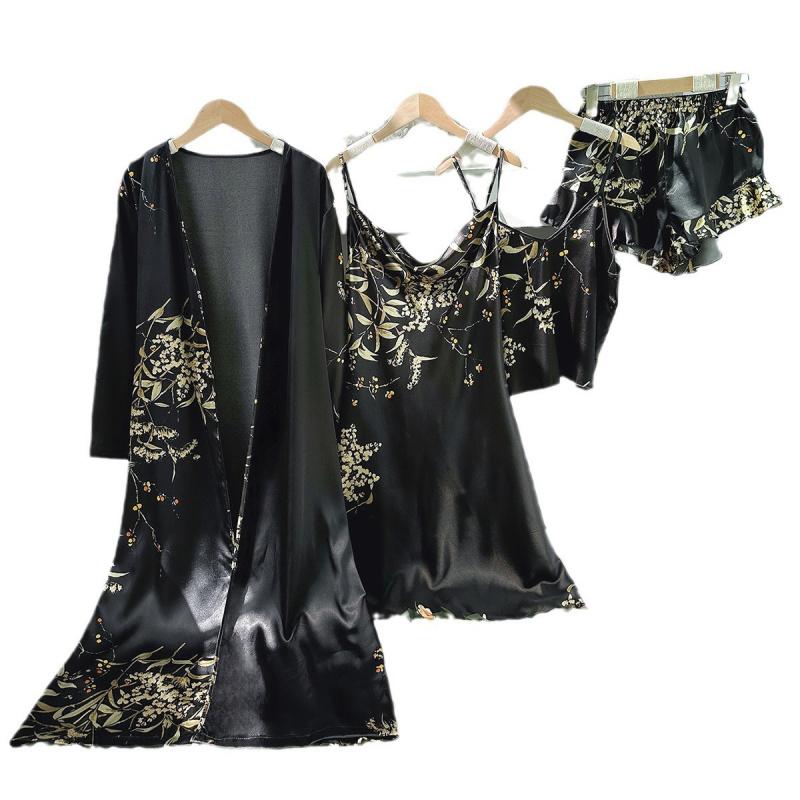 Women'S Long Bathrobe Set Silk Spring Autumn Floral Print Ladies Dressing Gown 4 Pieces Set Nightdress Summer Satin Pajama