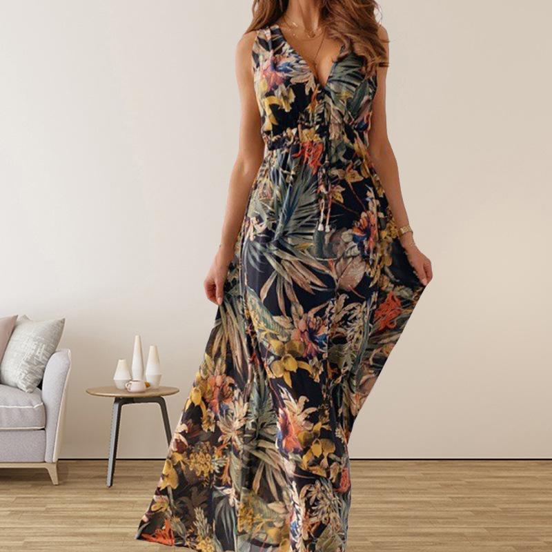 European and American women's clothing, new summer models, fashionable casual printing backless strap dress women