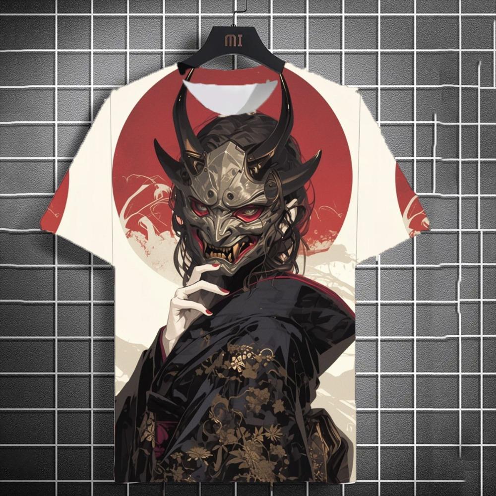 Men's Versatile 3D Printed T-shirt Japanese Samurai Sword Girl Anime Personality Short Sleeved Trendy Top