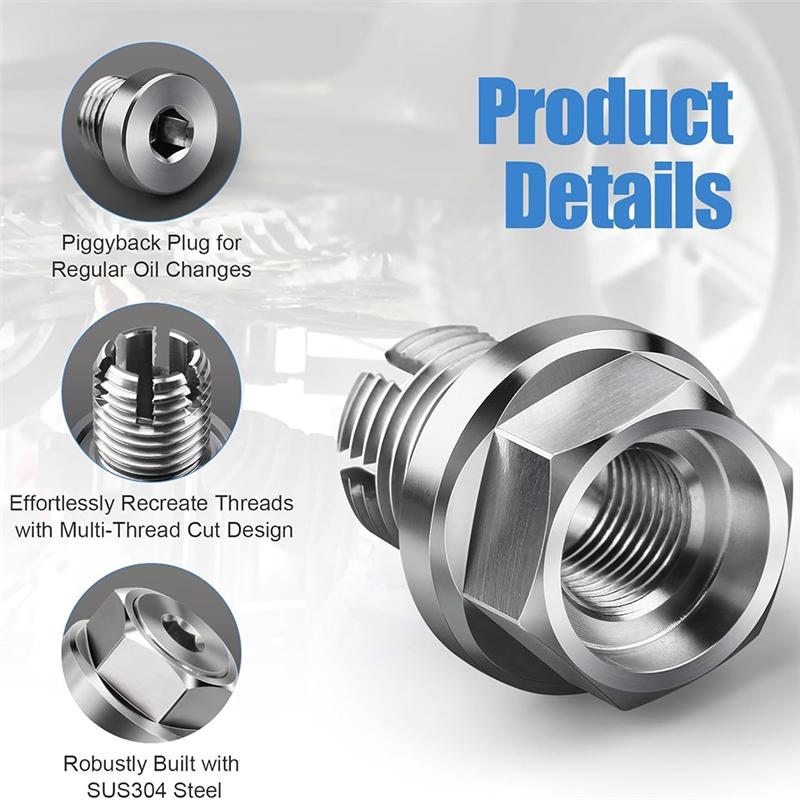 

CYCLI-M14.1-1.5 X 15Mm Oversize Piggyback Oil Drain Plug, Stainless Steel Self Tapping Oil Pan Thread Repair Kit срібний