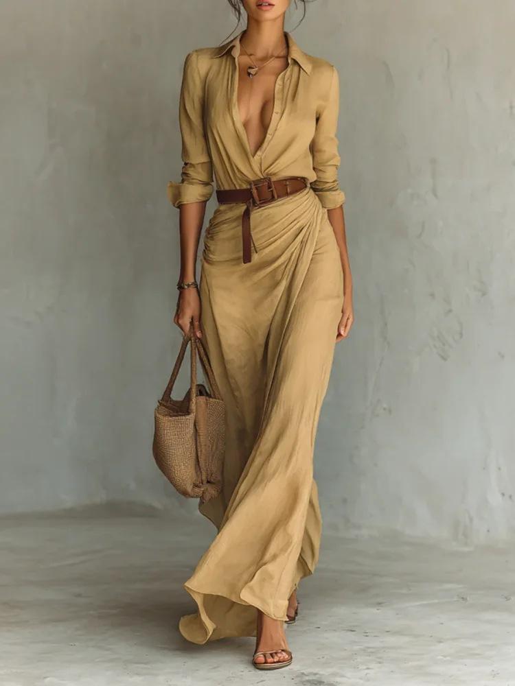 Khaki Shirt Style Long Dress with Deep V Neck and Side Draping