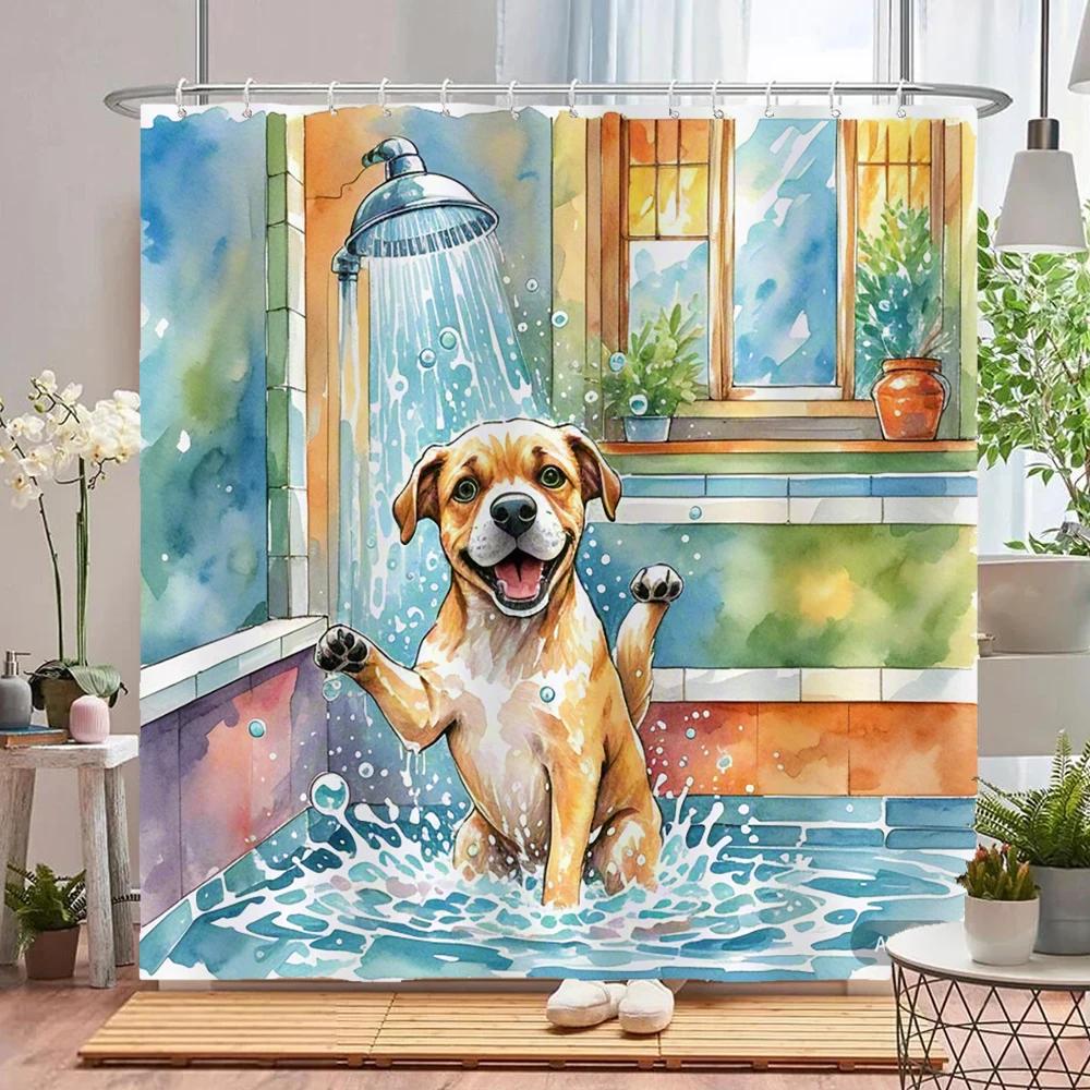 Funny Bathing Cat and Dog Shower Curtain Waterproof Bathroom Curtain Creative and Interesting Partition Bath Curtain with Hooks