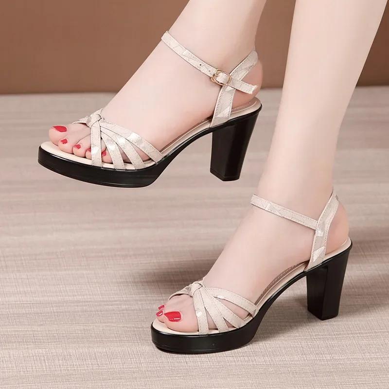 8cm 10cm Big Small Size 32-43 Elegant Thick Block High Heels Sandals Summer 2025 Womens Soft Leather Platform Shoes Office Model