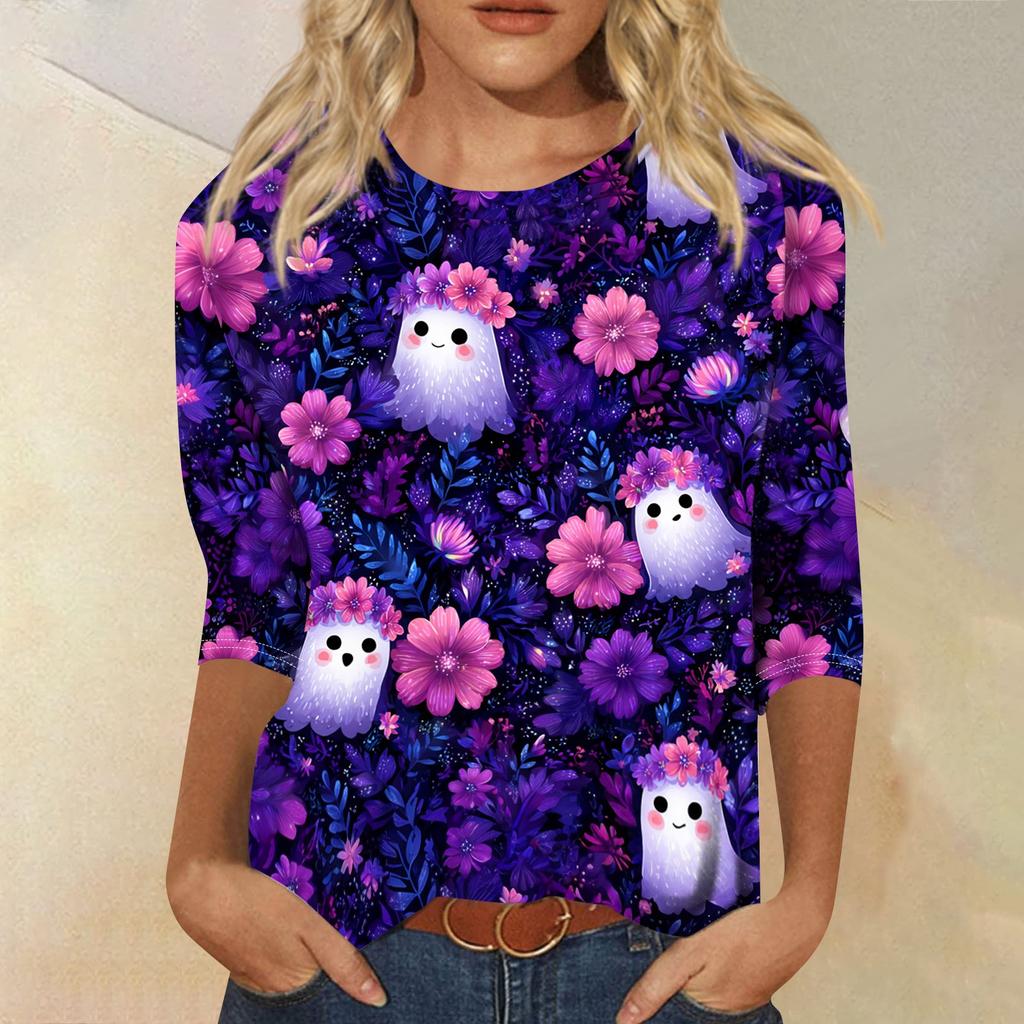 Women's Halloween Print Shirt 3/4 Sleeve Round Neck Loose Fit Casual Blouse Top Comfortable Everyday Wear