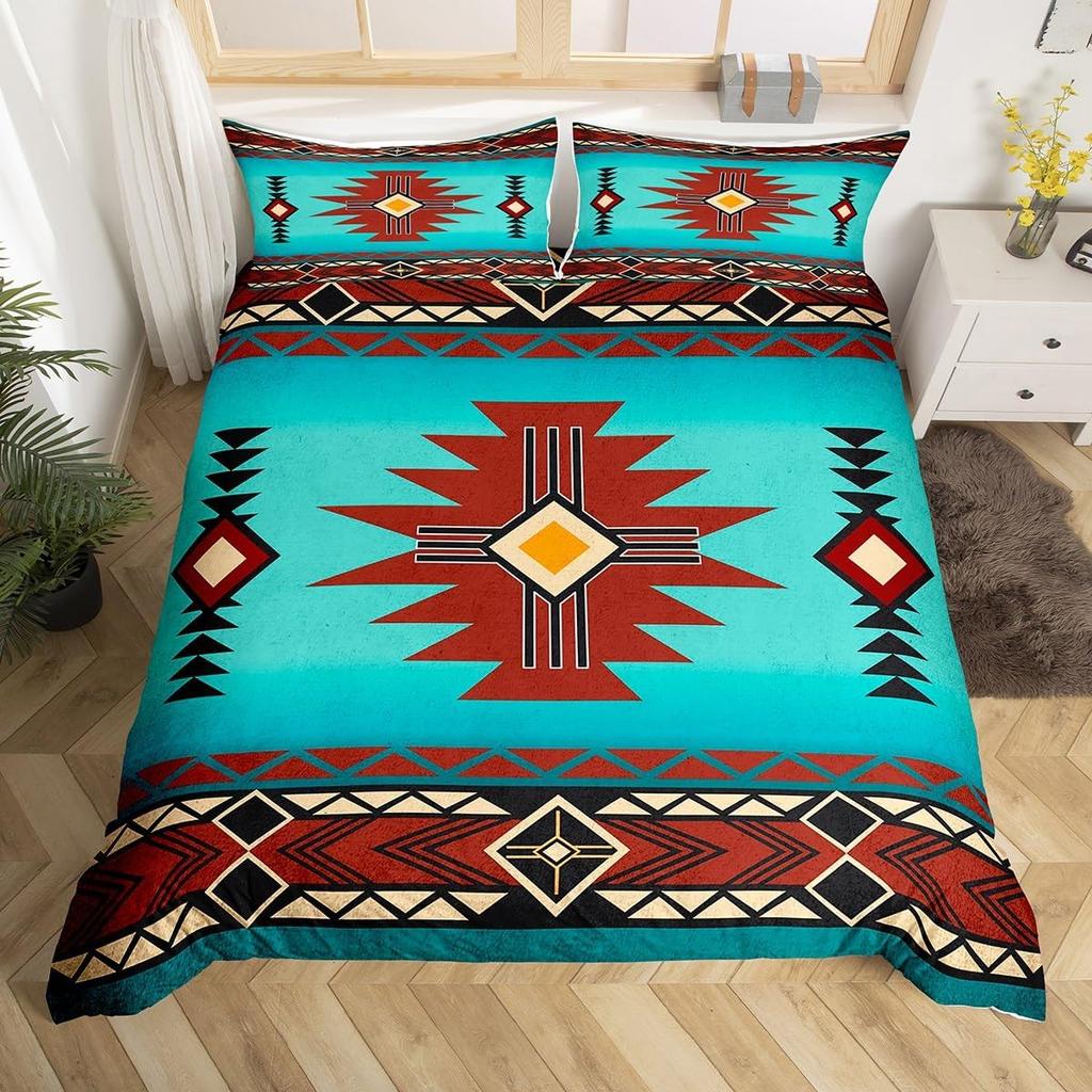 Geometric Aztec Duvet Cover Twin Queen Size,Horseshoe Cactus Western Cowboy Bedding Set,Southwest Rustic Farmhouse Quilt Cover