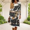 Women Plus Size Round Neck Long Sleeve Cartoon Excavator Printed A Line Flared Hem Dress