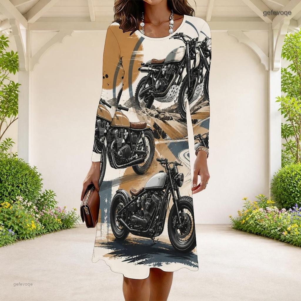 Women Plus Size Round Neck Long Sleeve Cartoon Excavator Printed A Line Flared Hem Dress