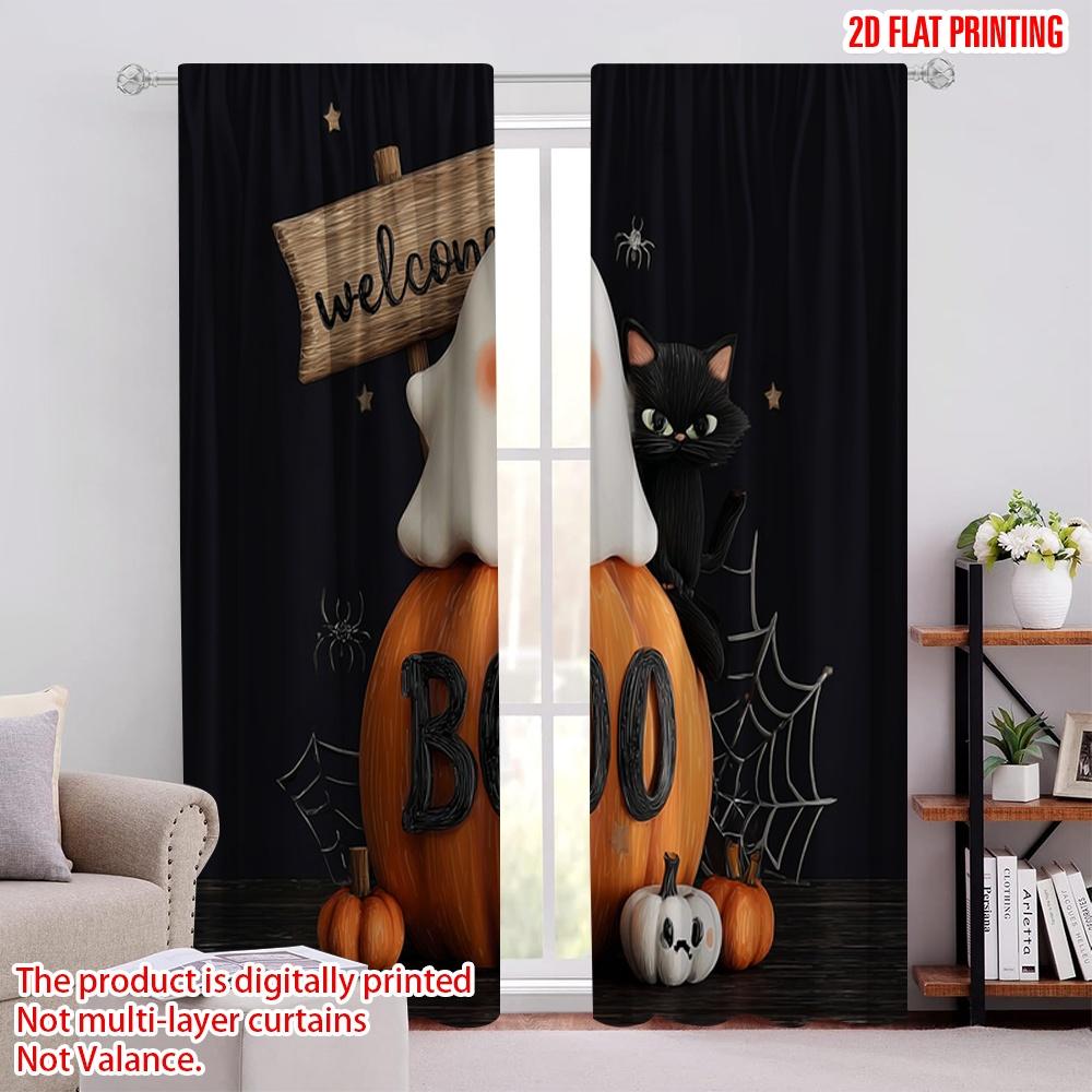 

2pcs,2D plane printing Popular Curtains Black Cat_ Bats & Pumpkins Versatile Polyester (without rod) Festive Perfect for Living 52.50 × 116.00 cm 2 pcs