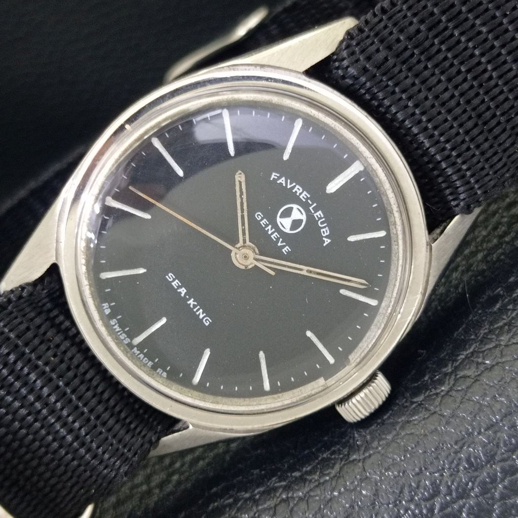 HAND-WINDING VINTAGE FAVRE LEUBA SEA KING SWISS MENS BLACK DIAL WATCH a703812-1 R213f-a703812