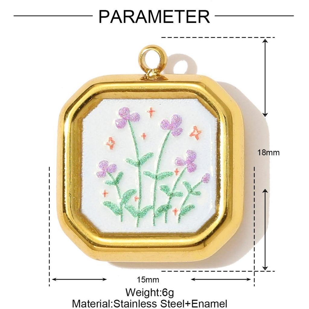 1 Stück 304 Edelstahl Charms 18K Vergoldet Mehrfarbig Bedruckt Quadratisch Vogel Mond Schmetterling Anhänger Für DIY Halskettenherstellung