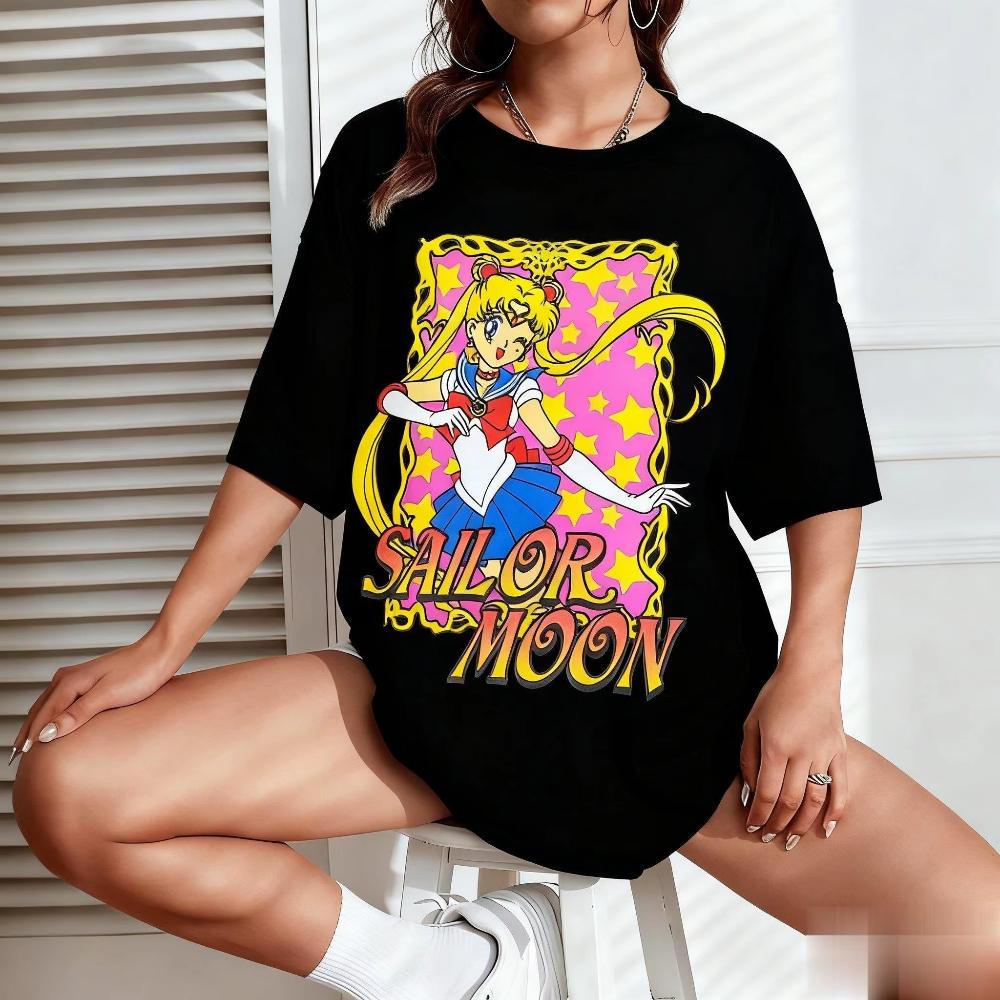 Summer Sailor Moon Graphic Tshirt Unisex Women Anime Print Short Sleeve Tee Oversized Casual Fashion Y2k Clothes Cotton