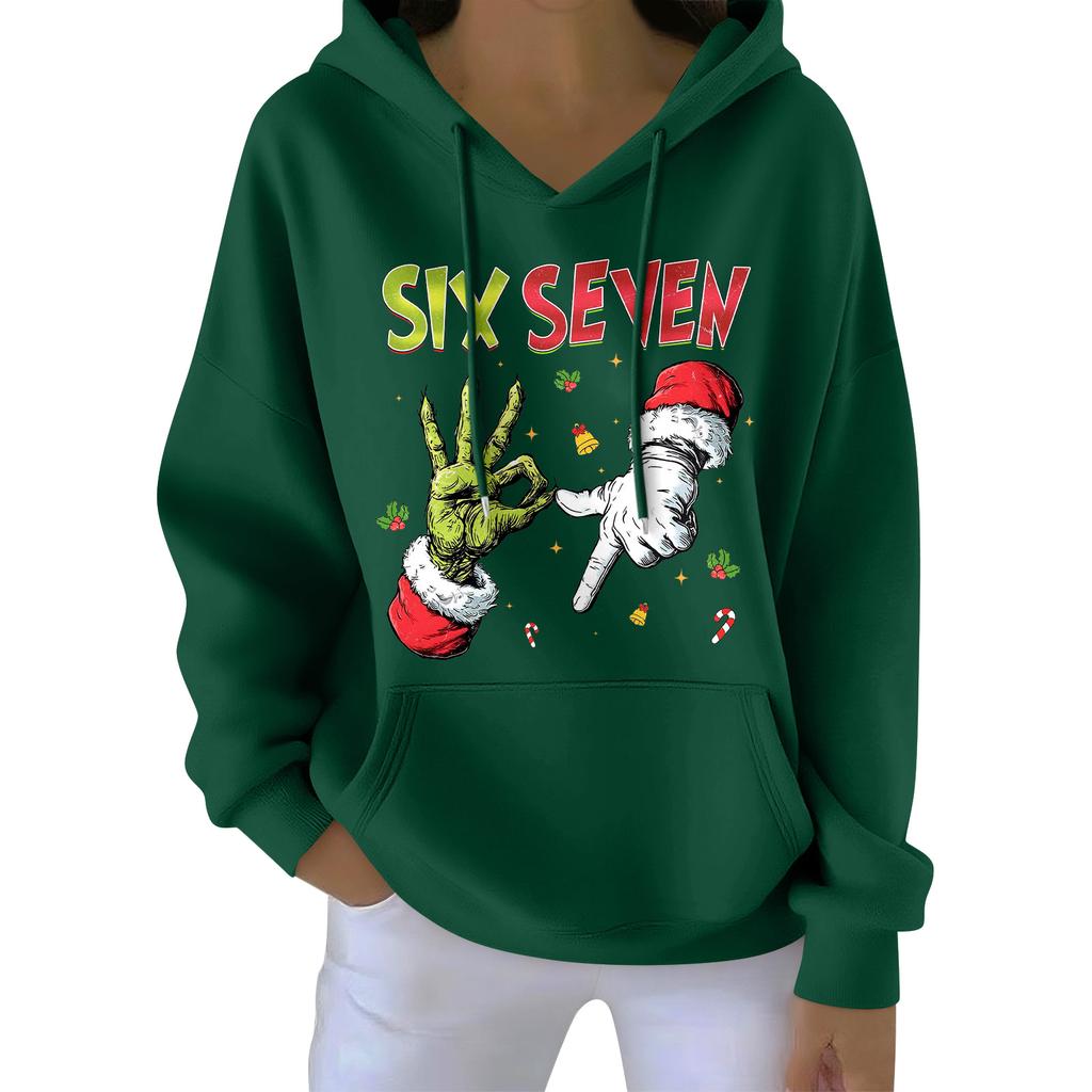 Damenmode Damen Leichter Langarmpullover mit Taschen Preppy Graphic Hoodie