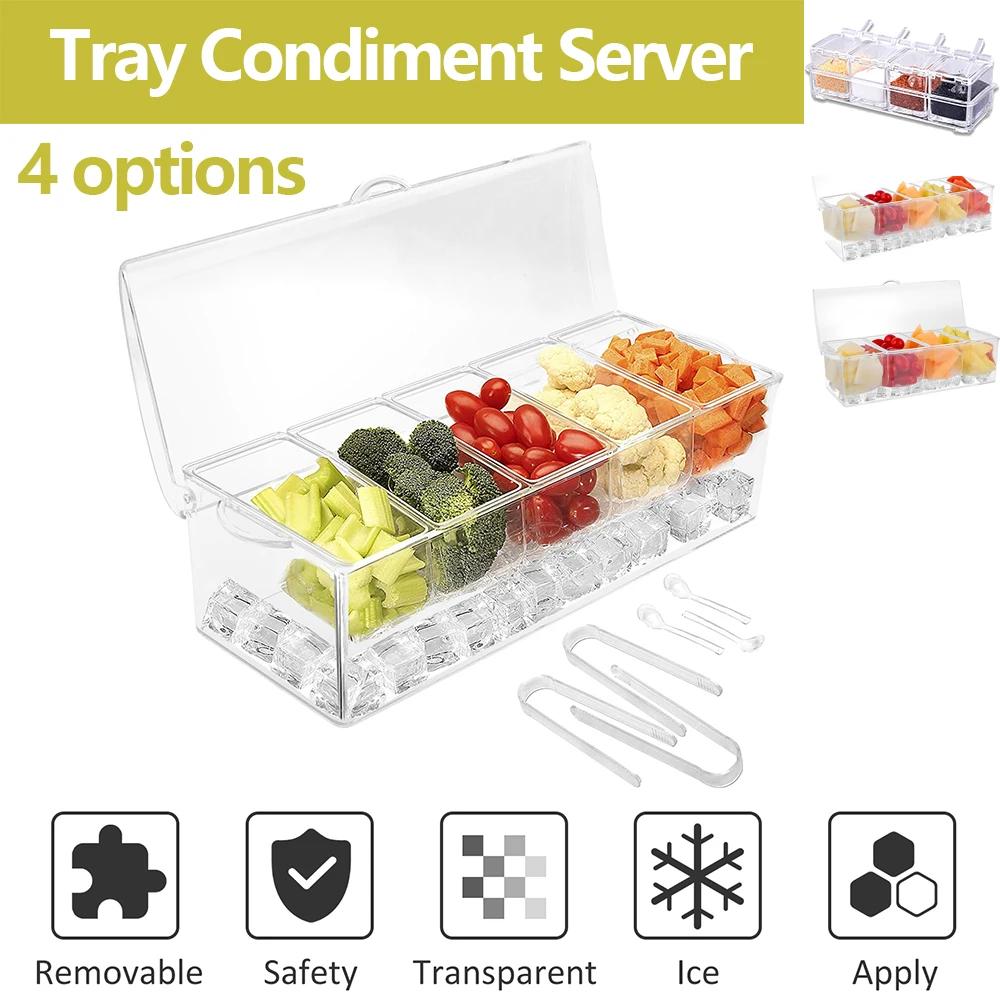 Chilled Condiment Server Reusable Clear Garnish Tray with 5 Removable Compartment Food Grade Safety Chilled Serving Container