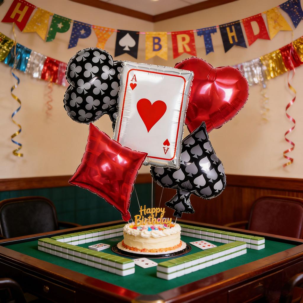 5pcs Poker-Themed Party Balloon Set Red Peach Black Peach Plum Blossom Square Aluminum Film Balloons Birthday Party Decoration