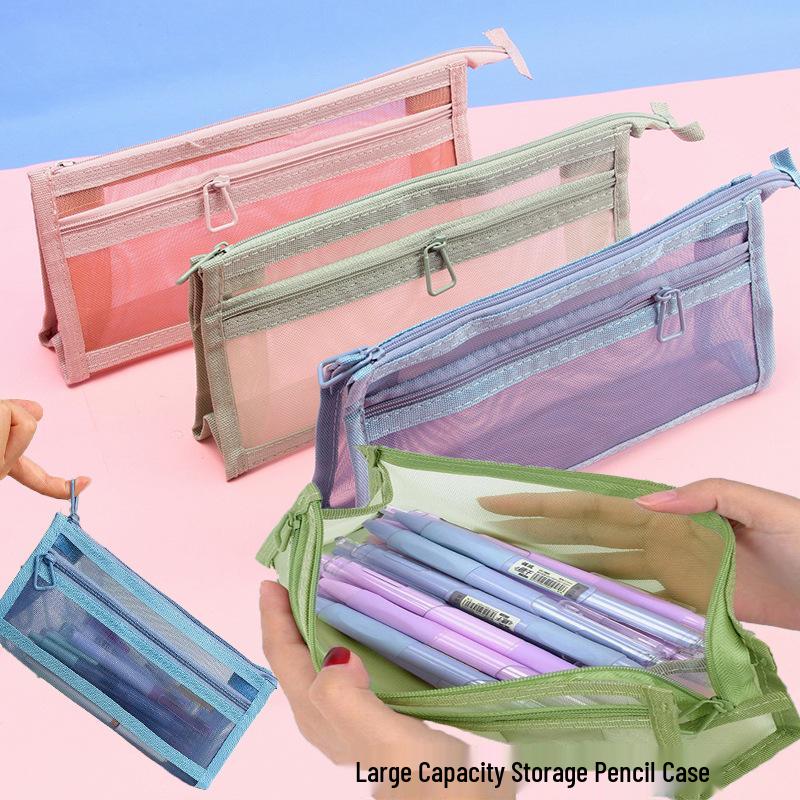 Double-Layer Transparent Mesh Triangle Student Pencil Case Portable Storage Bag