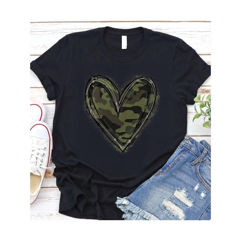 

Women s Cotton Black T - Shirt: Camo Heart Fashion Design Comfortable Fit Top, Breathable Fabric, Spring and Summer Clothing 4XL чорний