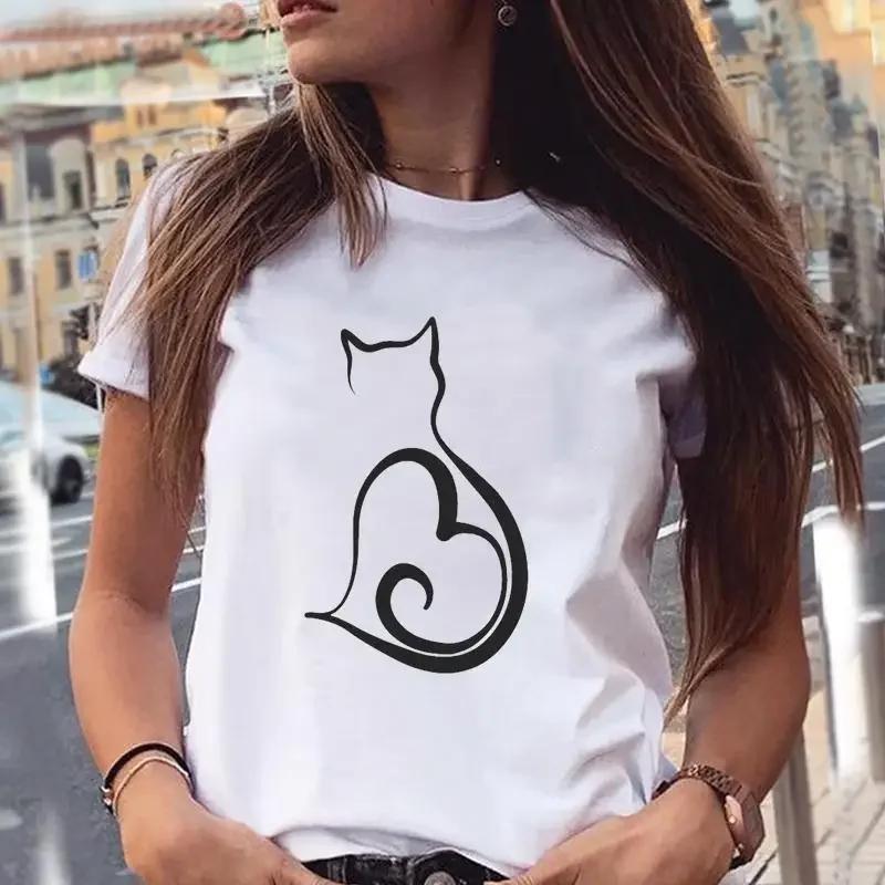 Cute Cat Animal Print T-shirt Round Neck Women's Blouse Fashion Women's Graphic Harajuku Aesthetics