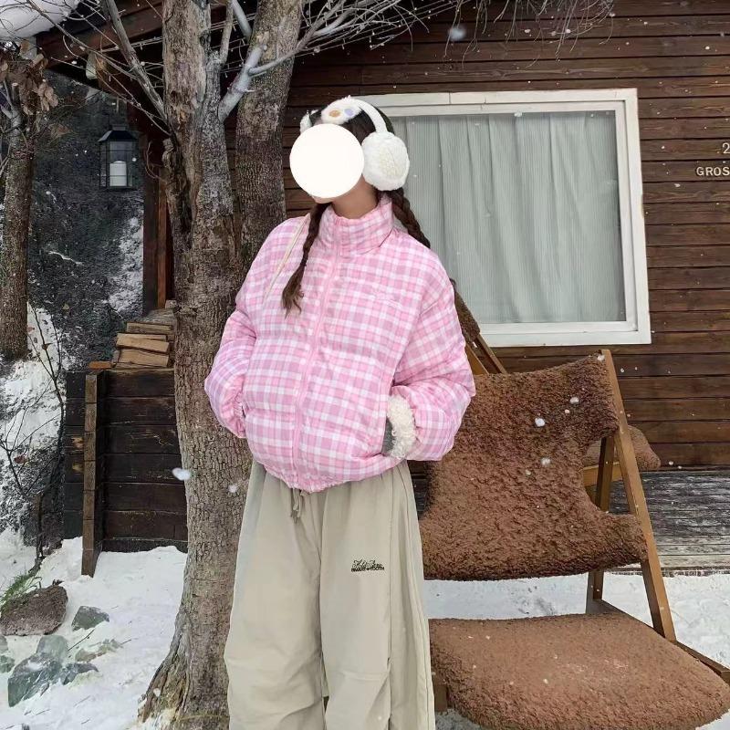 

Европейский колледж стиль милый короткий розовый клетчатый воротник-стойка хлопковая одежда женская зима новая теплая модная холодная куртка S розовый