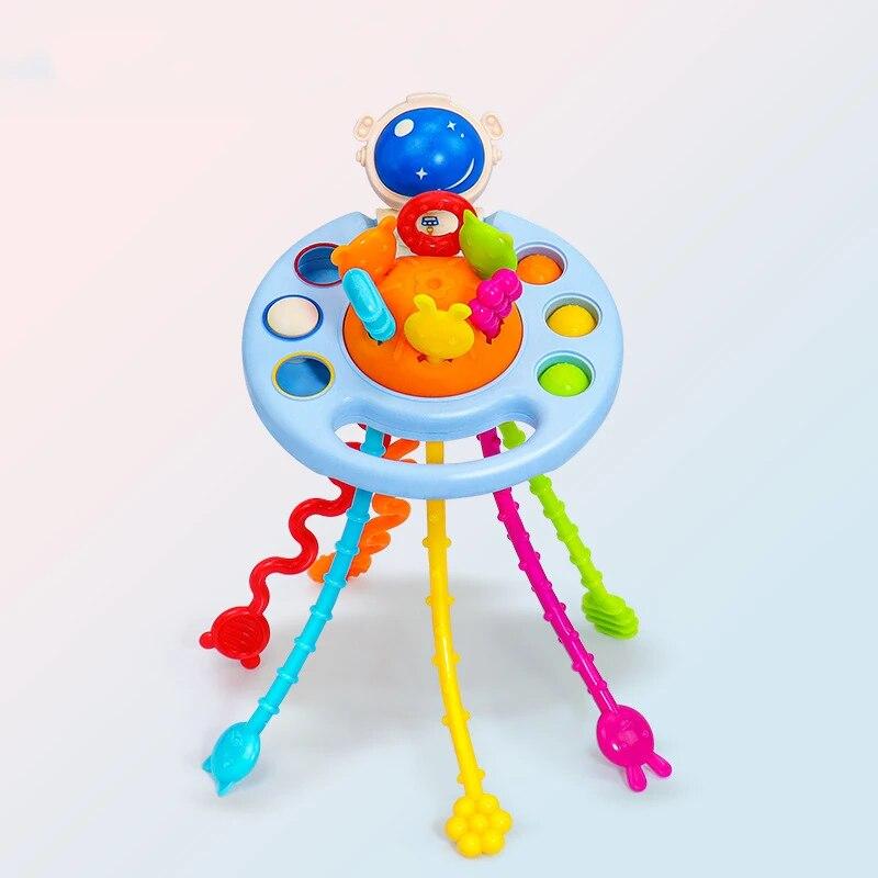 Cartoon Duck Astronaut Pull String Montessori Activity Development Silicone Teething Sensory Grip Training Early Educational Toy