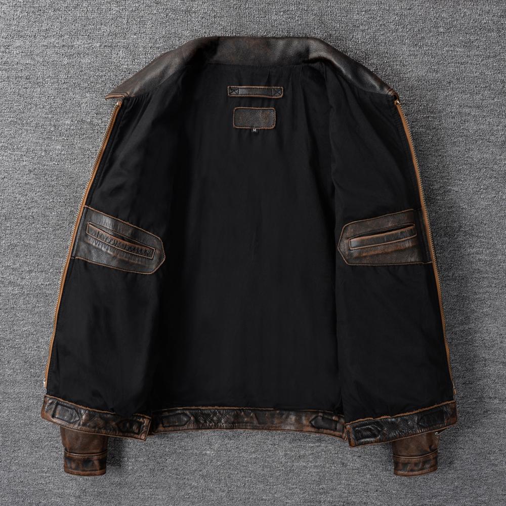 Men Genuine Leather Jacket Thick Oil Waxed Natural Cow Vintage Brown Slim Fit Short Men's Bomber Cowhide Coat Winter Clothing