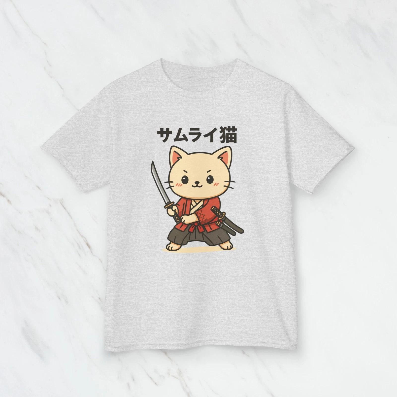 Cute Samurai Cat Tee | Kawaii Kitty Sword Japanese Text Graphic Children s T-shirt 100