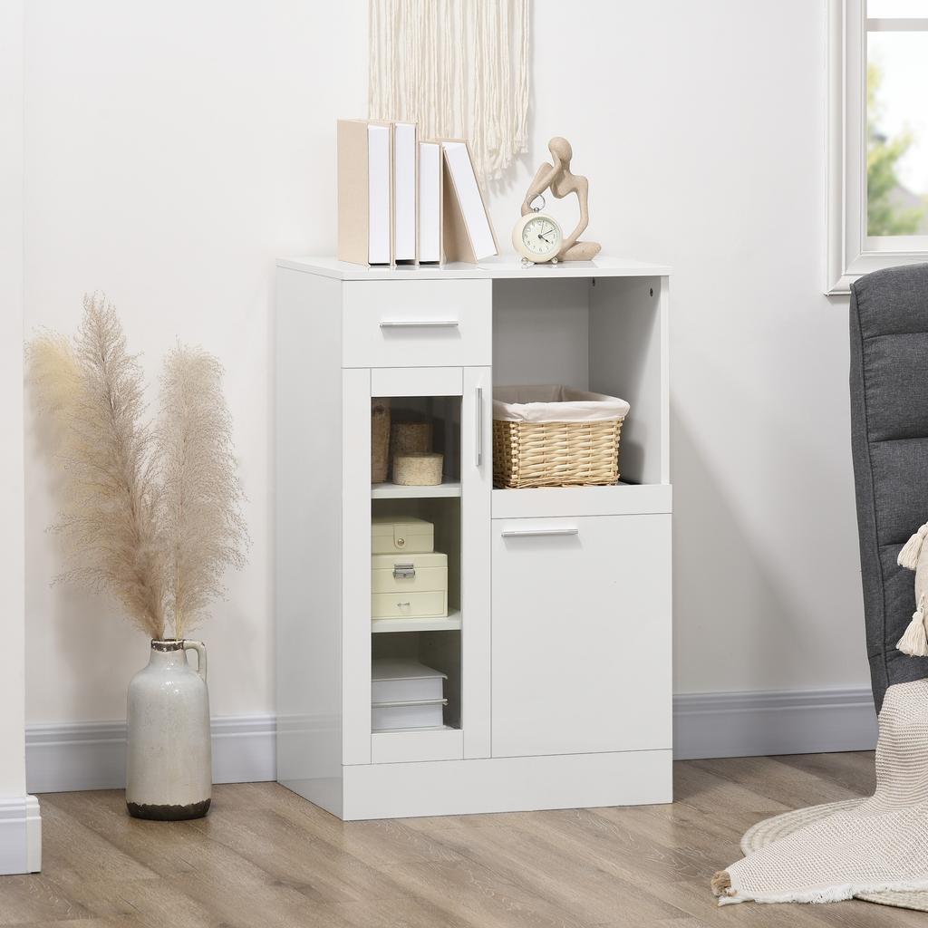 Modern Sideboard with Cupboards and Drawer In Wood and Glass, 60x40x95cm, White