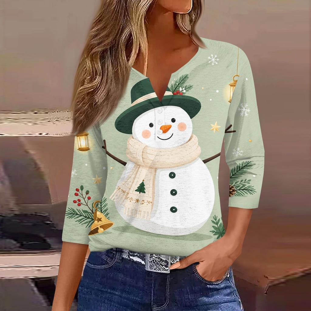 Women's Fashion Casual Christmas Print V-Neck Button Three-Quarter Sleeve T-Shirt Top