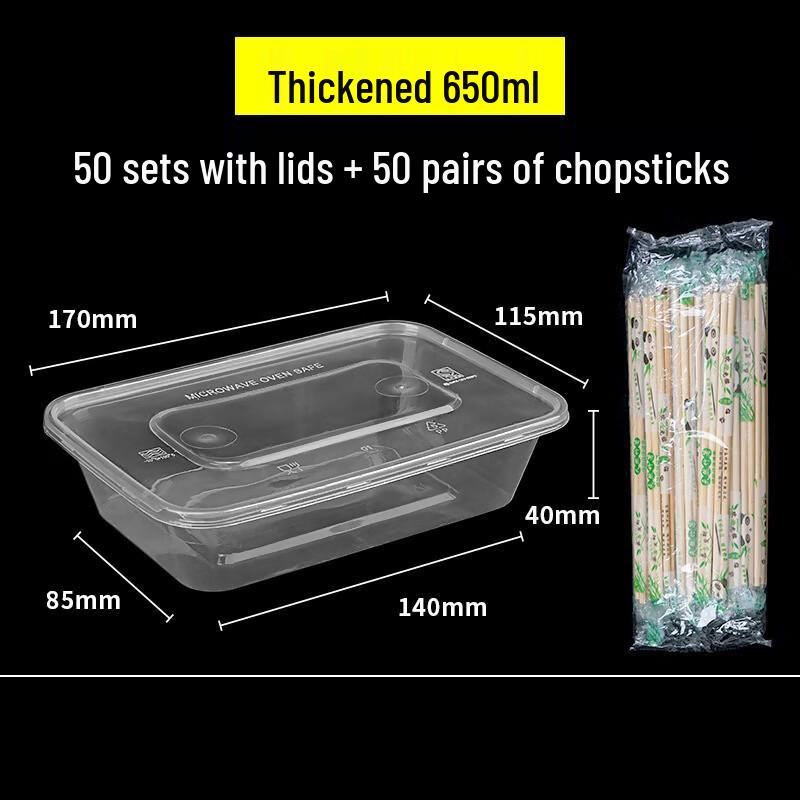 NYDER Disposable Transparent Food Containers with Lids (650ML, 50 Sets + Chopsticks)