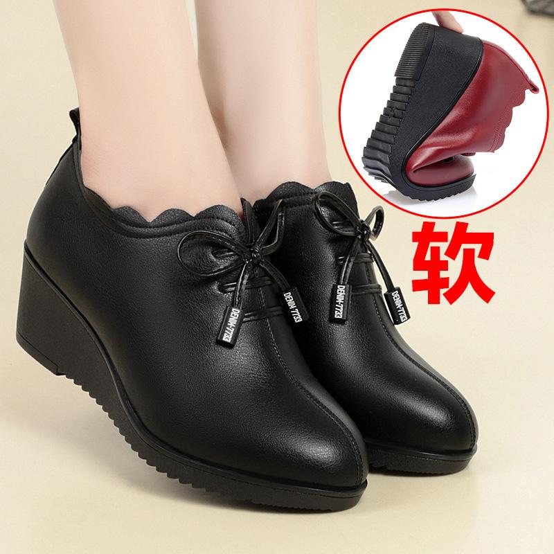 New Fashion Lace Platform Pumps Casual Wedge Waterproof Pointed Toe Soft Leather Shoes for Women Spring Autumn