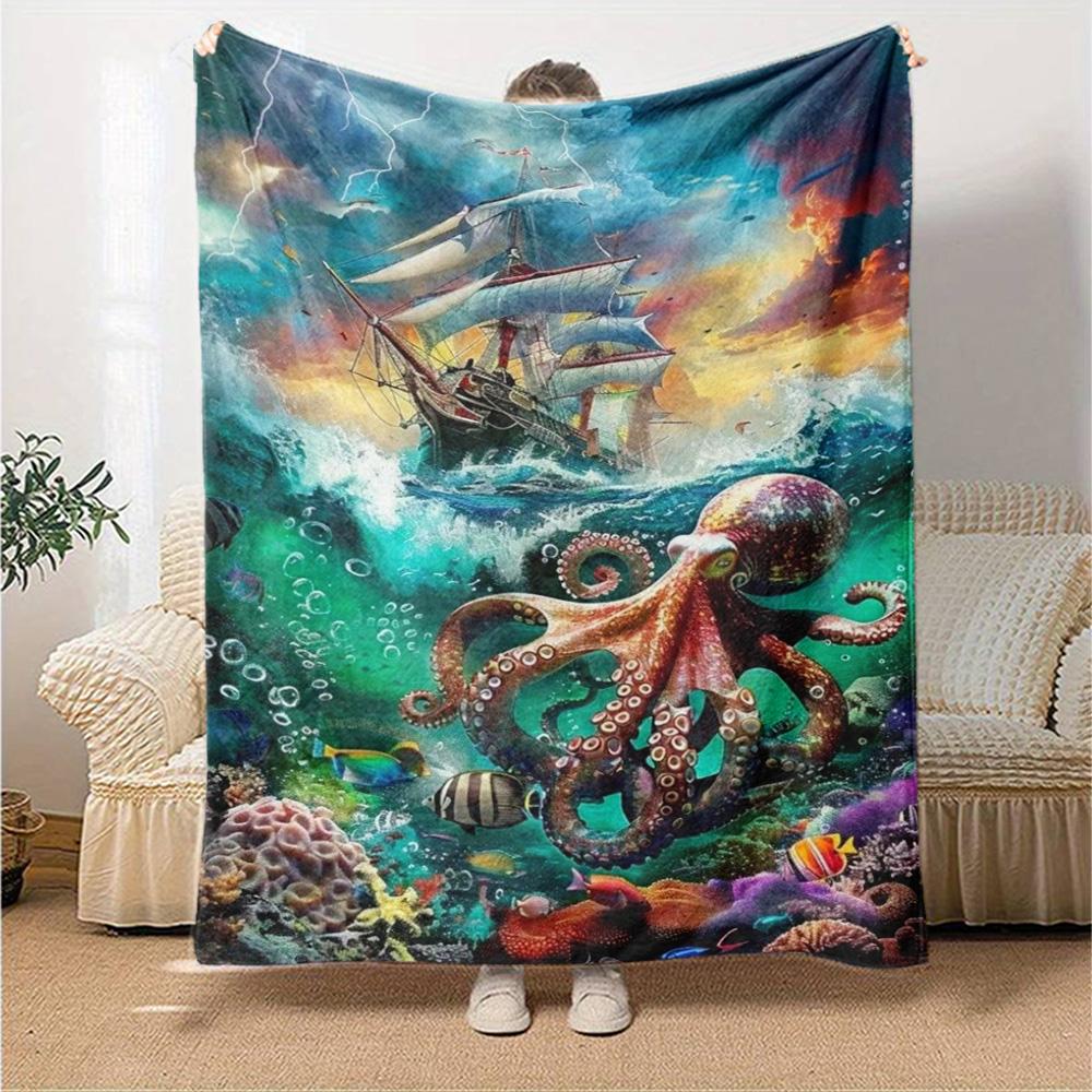 Pirate Ship Art Print Flannel Blanket High Quality Warm Comfortable Cover for All Seasons Perfect for Gifts Home Decor