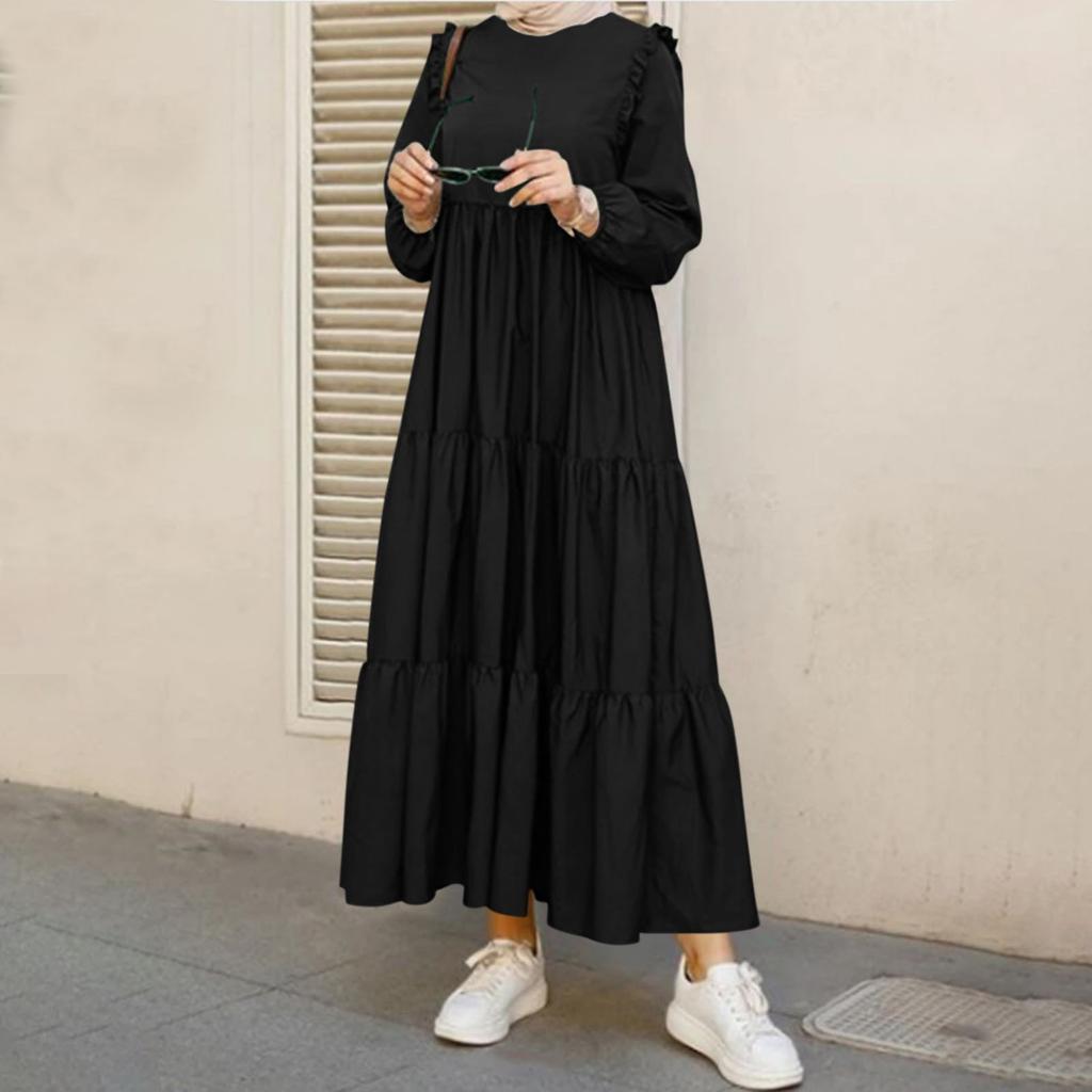 Women's Casual Long Sleeve Round Neck Color Dress Long Dress Robe