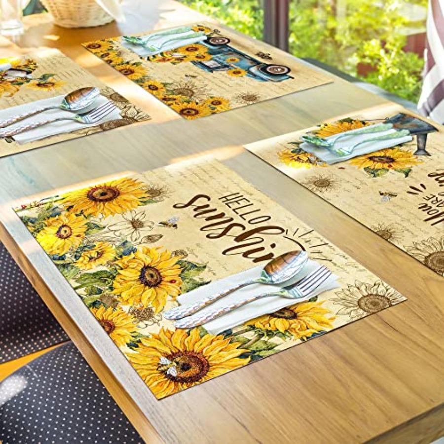Sunflower Linen Square Spring Placemats Set of 6 Sunflower Kitchen Decor Vintage Spring Summer Sunshine Gnome Truck Table Mats