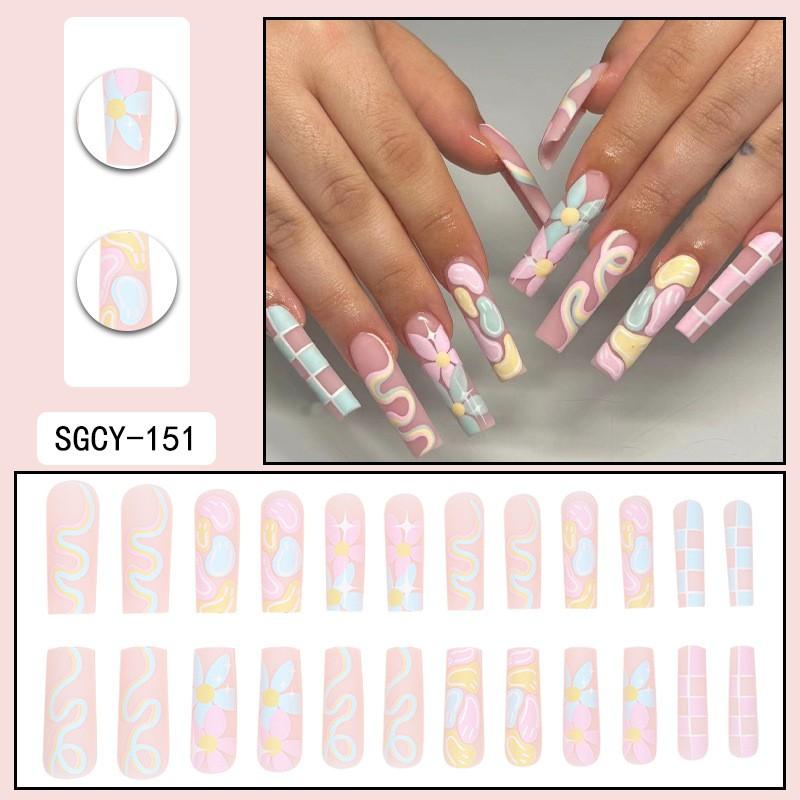 Long Press-On Nails With Adhesive Tabs Full Cover Fake Women INS Style Acrylic Nail Tips Reusable Wearable Art